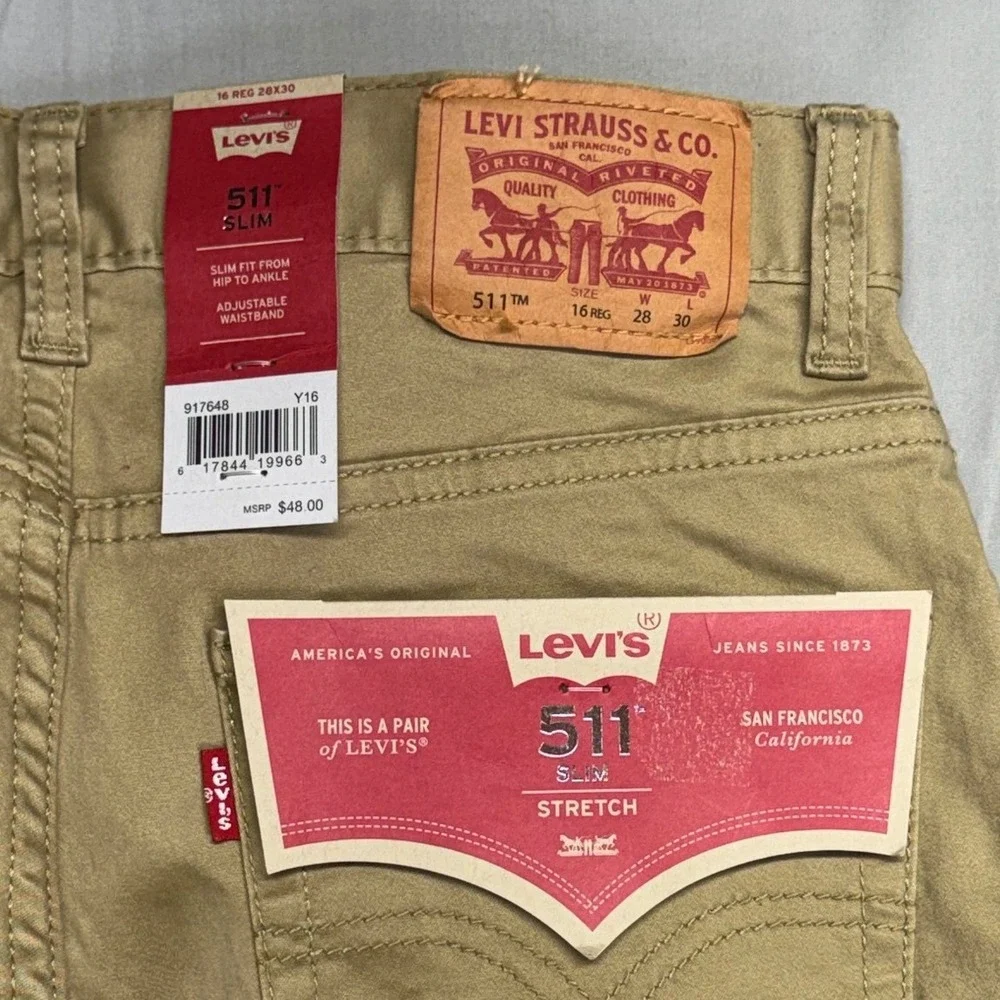 Levis 511 Slim Fit Boys Khaki Tan Stretch Pants Size 16 Reg 28x30 NWT
